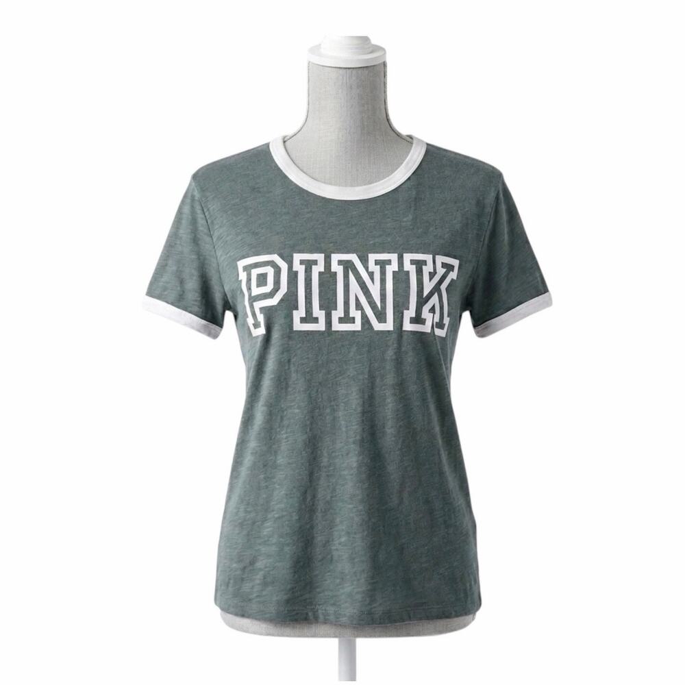 VS PINK Ringer T-Shirt Small Green White Graphic Logo Short Sleeve Casual Summer